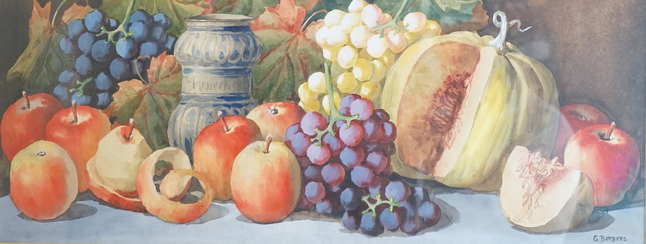 Giovanni Barbaro (1864-1915), watercolour, Still life of fruit and a delft vase, 30 x 77cm